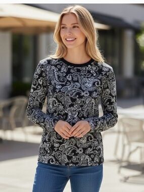 Rafaella NWT Black White Paisley Print Long Sleeve Crew Neck Casual Top‎ Small
